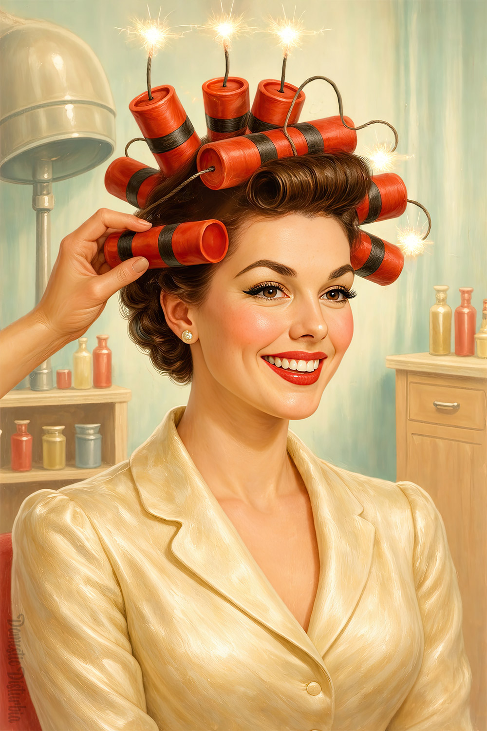 Woman with dynamite sticks styled as hair rollers in a 1950s beauty salon