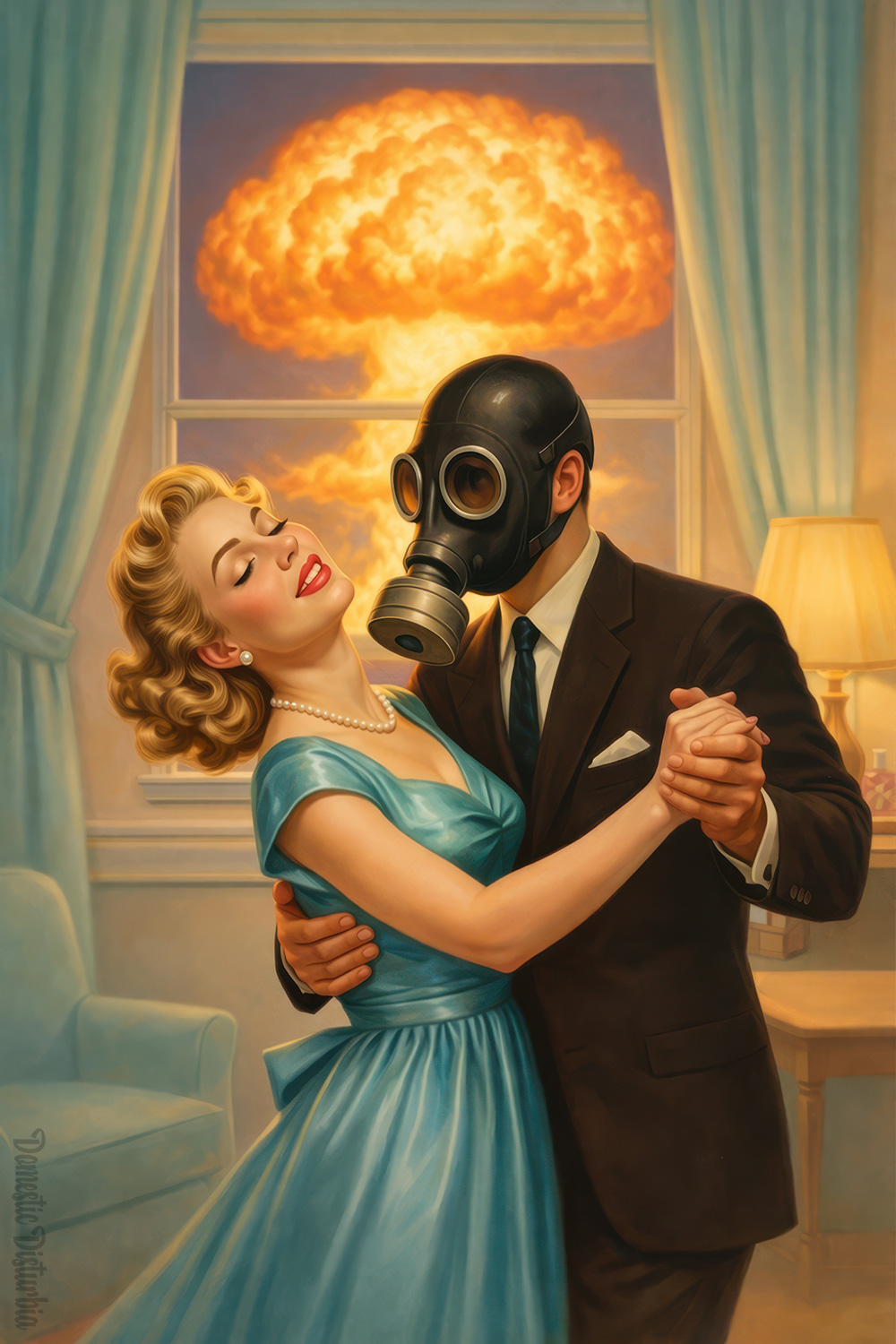 Woman dancing cheek-to-cheek with a partner in a gas mask as a mushroom cloud rises outside