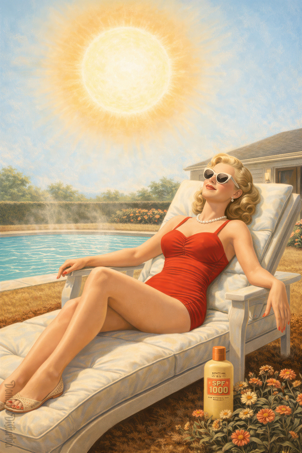 Woman sunbathing under an oversized, blazing sun