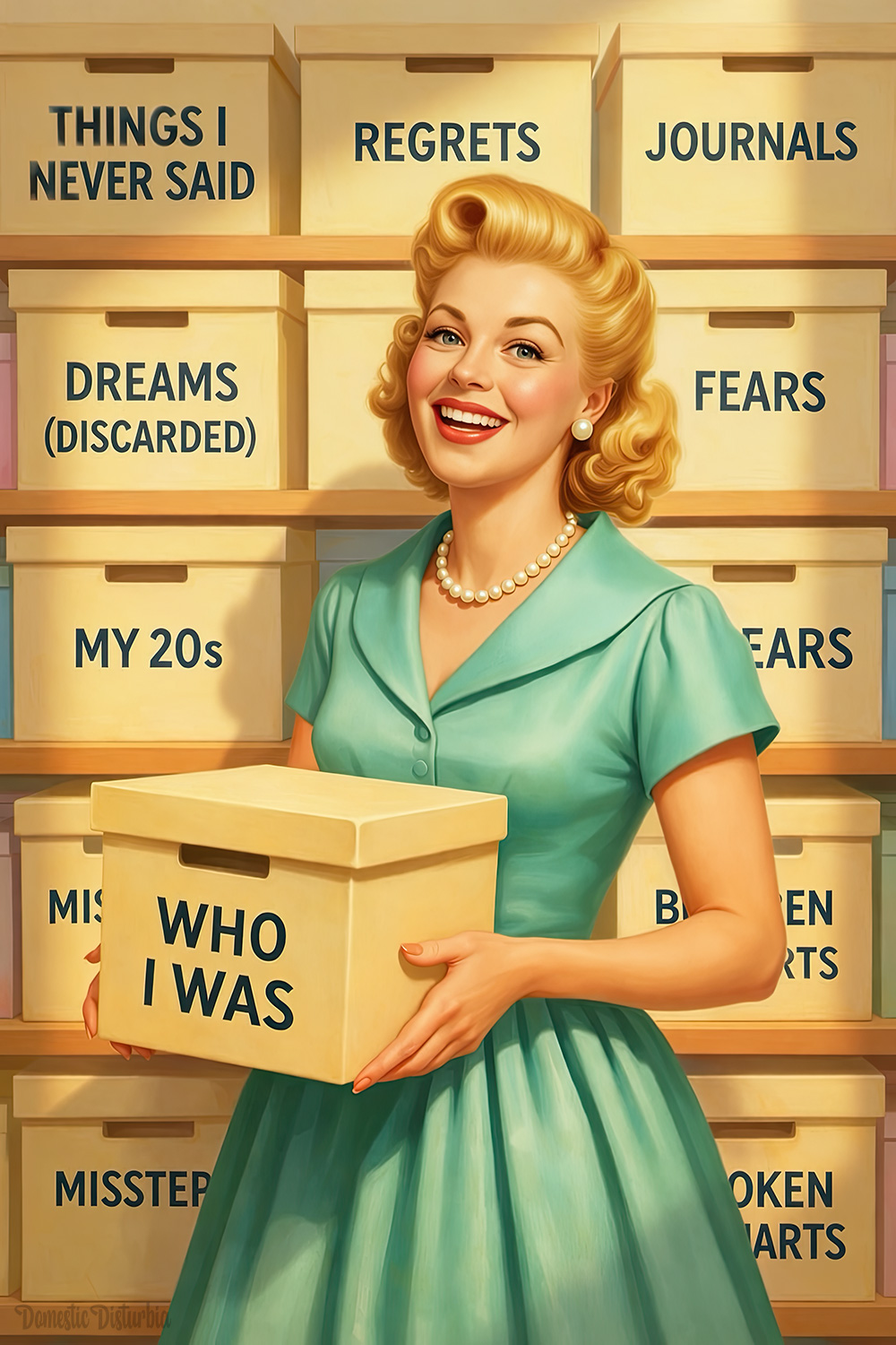 Woman beside neatly labeled storage boxes